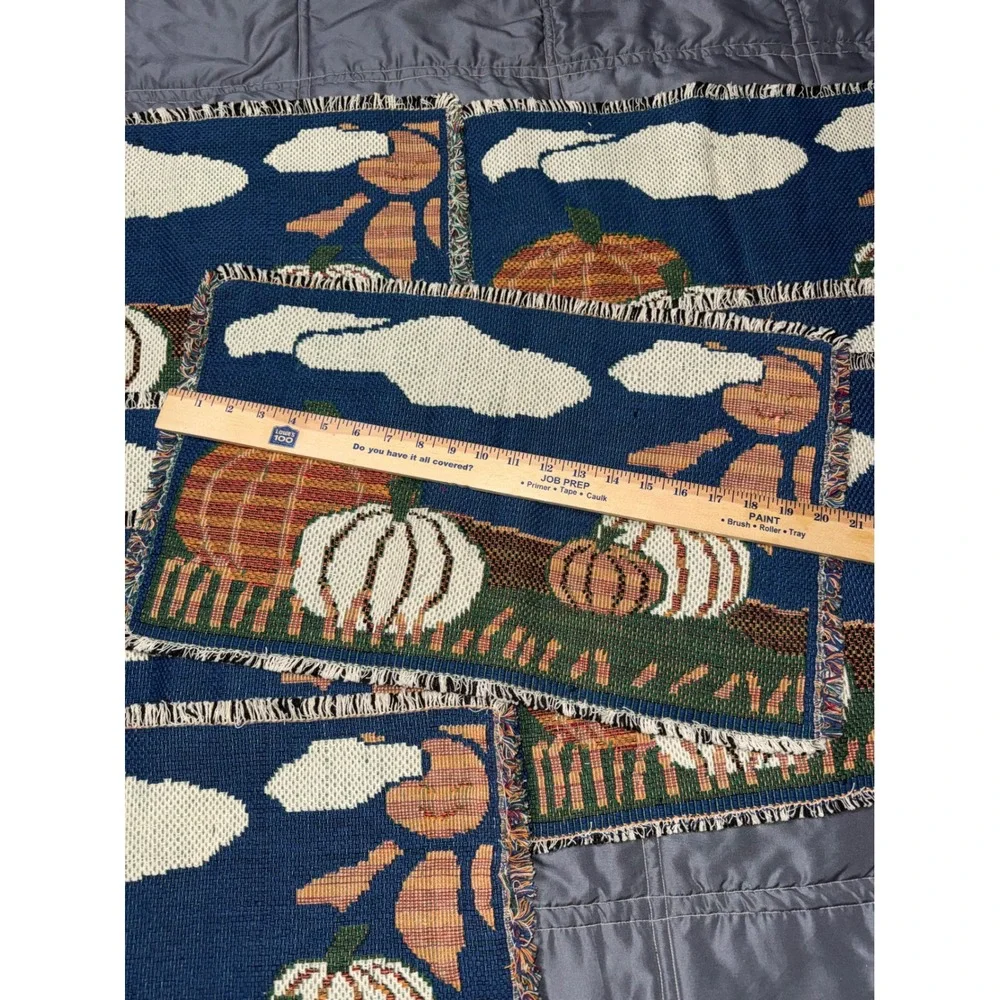 Vintage Fall Pumpkin Woven Tapestry Placemats Set of 6 Fringed Autumn Harvest